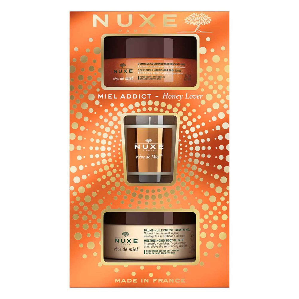 Nuxe Xmas 2022 Set Nuxe: Reve de Miel Deliciously Vegan Calming Body Scrub 175 ml + Reve de Miel Honey Body Balm All Over The Body 200 ml + Reve de Miel – Scented Candle Unisex, 70 g
