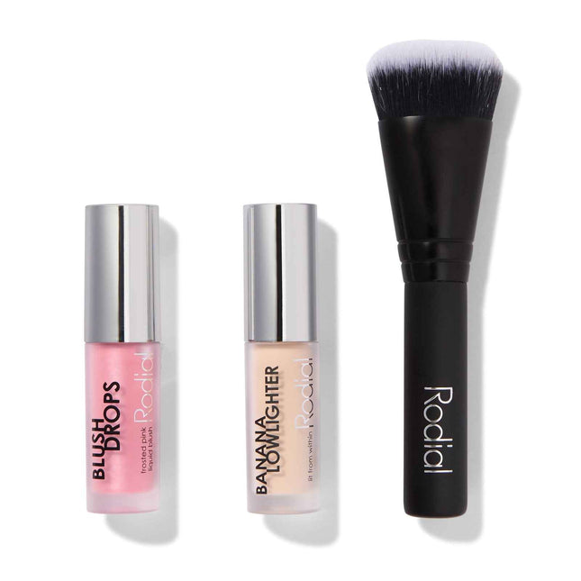 Rodial Xmas 2024 Set Rodial: Blush Drops Radiant Finish Liquid Blush Frosted Pink 15 ml + Banana Lowlighter Illuminating Liquid Highlighter For Face 1.6 ml + The Buffing Mini – Foundation Brush for Women, No. 10